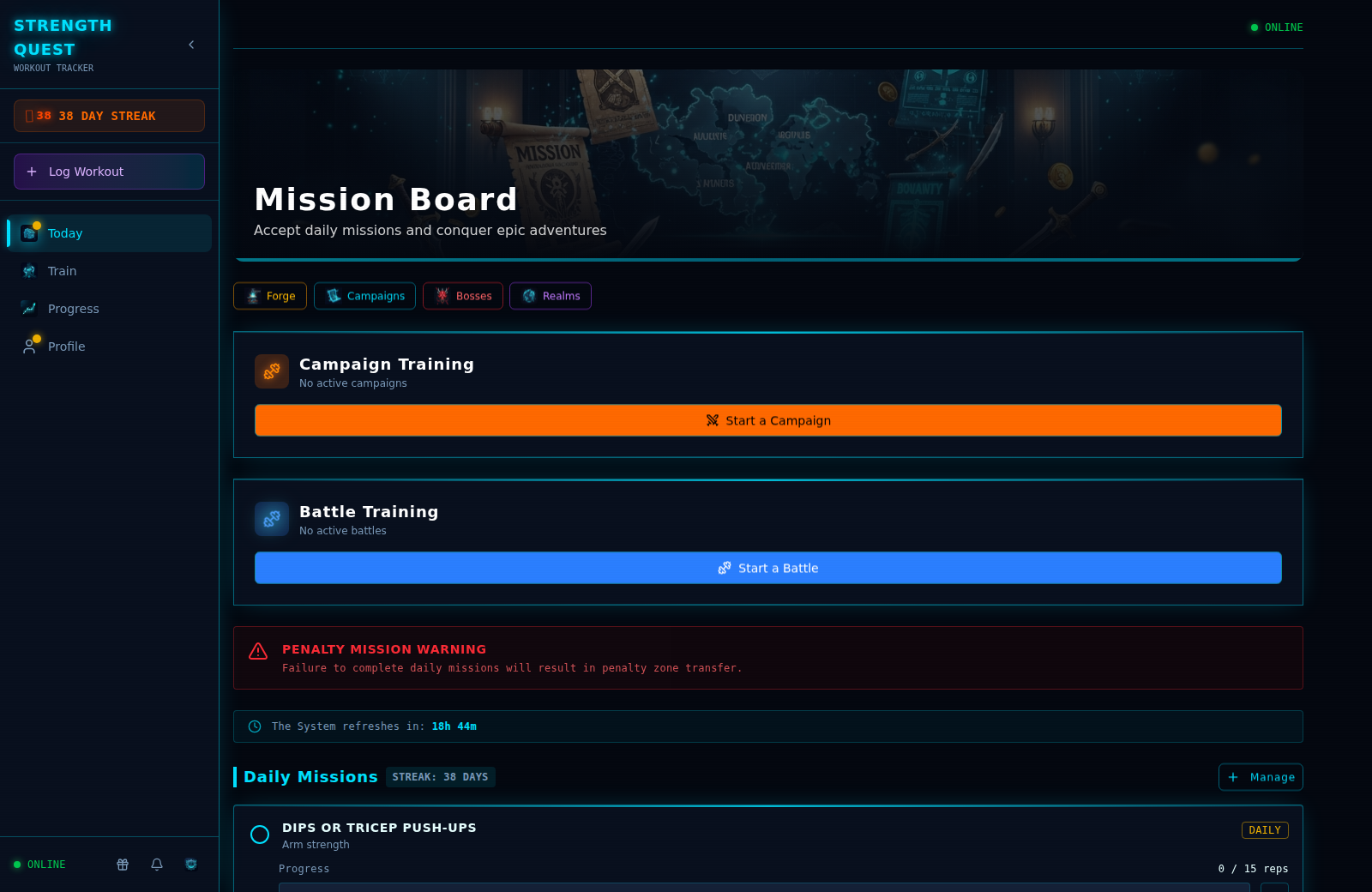 Strength Quest AI quest logger parsing a plain-English workout into XP, stat gains, and a level-up bar.