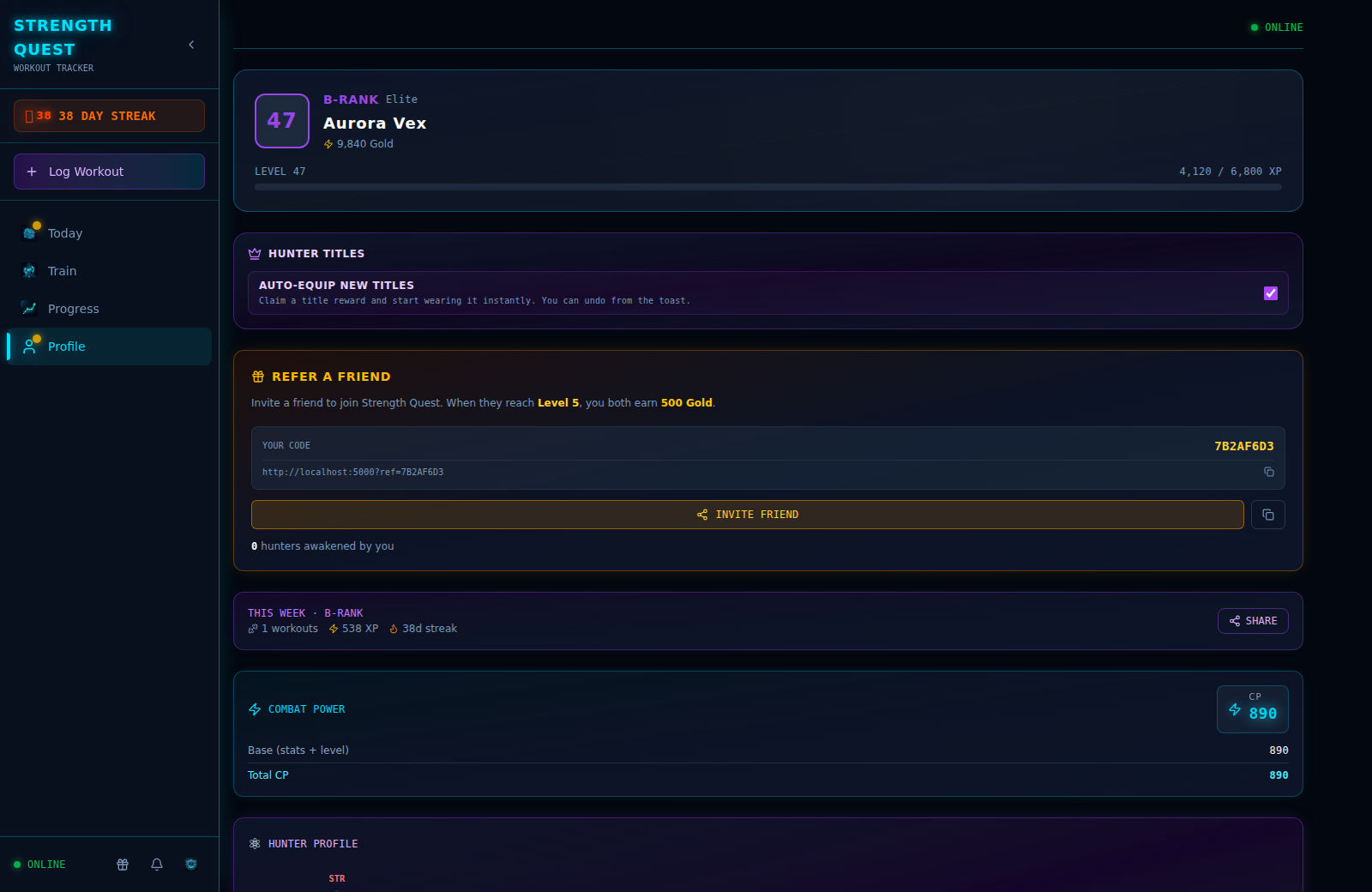 Strength Quest character sheet showing a B-Rank Elite hunter at level 47 with the full E-to-S rank ladder and recent milestones.
